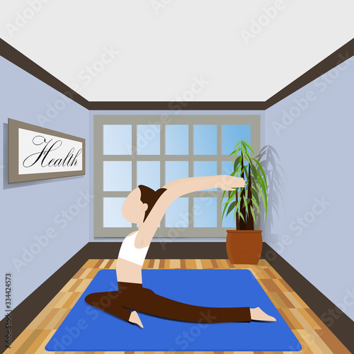 A girl is doing yoga for her health. self care at home vector