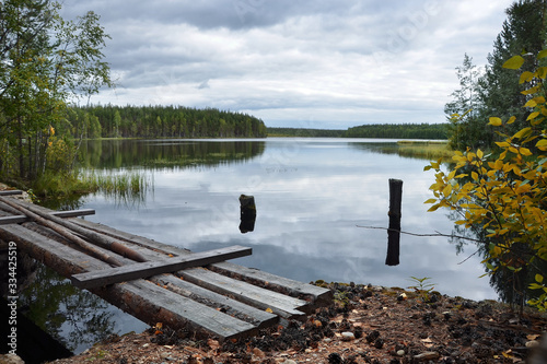 Autumn trees with colorful bright foliage on the shore of a forest lake.