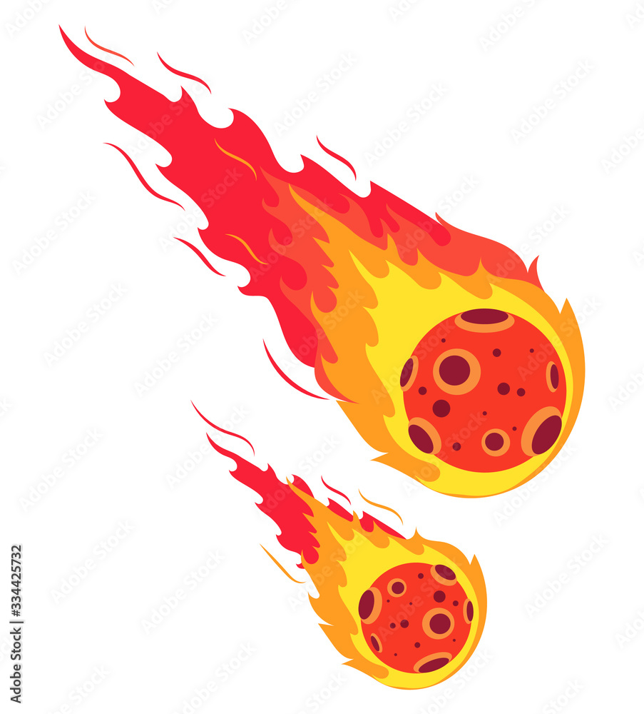 Falling burning meteorite. Cartoon meteor rain falls on planet Earth.  Natural disaster. Color illustration for the children. Stock Vector | Adobe  Stock