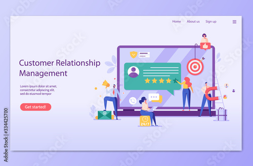 People using CRM service. Clients feedback. Concept of customer relationship management, e-mail marketing, pr, customer attraction. Vector illustration in flat design for UI, web banner, mobile app
