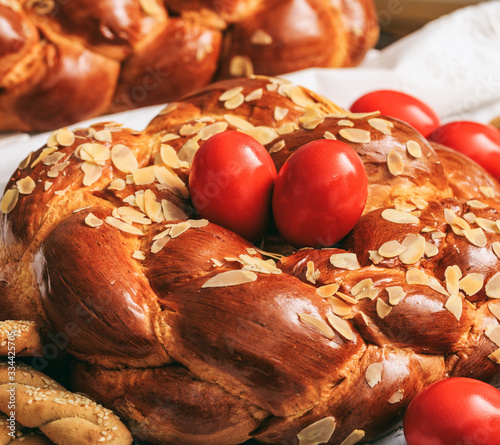 Photography Tsoureki Easter traditional sweet bread closeup view