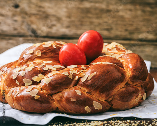 Canvas Print Tsoureki Easter traditional sweet bread closeup view