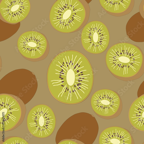 modern seamless pattern of kiwi fruits in brown background.