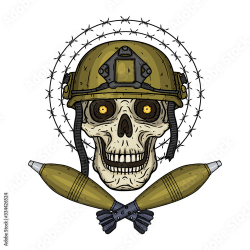 Soldier skull. Skull in helmet with mortar shells and barbed wire.