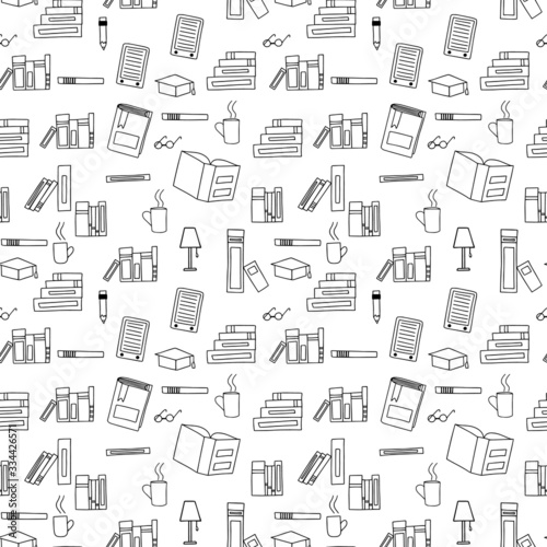 Vector seamless pattern. Doodle. Many black outlines icons of books isolated scattered on white background.  Pile of paper books, open book, book on computer screen, ebooks, glasses, heart, lamp.