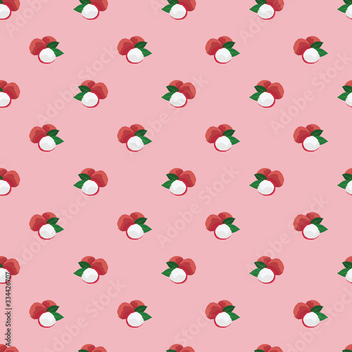 seamless vector illustration pattern with lychee fruit. exotic lychee fruits on pink background.