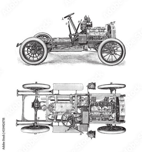 Old motor car / vintage illustration from Brockhaus Konversations-Lexikon 1908