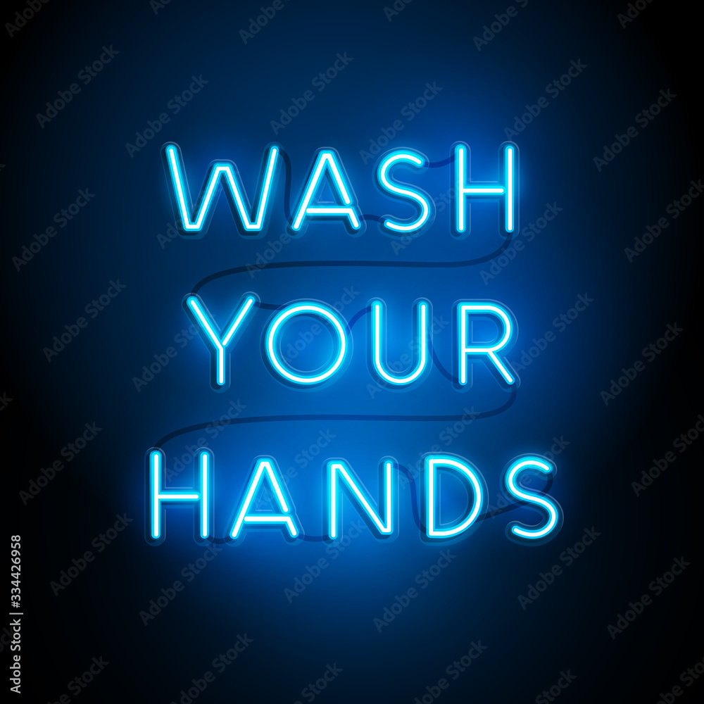Wash your hands blue neon letter sign. Vector illustration