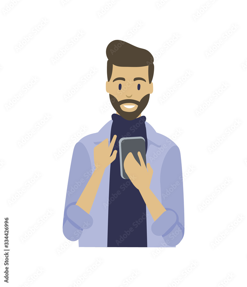 Man with smartphone in hands typing message and smile isolated cartoon character. Vector bearded guy with phone chatting in telephone, cartoon style character