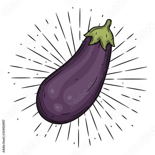 Eggplant. Hand drawn vector illustration with eggplant and divergent rays. Used for poster, banner, web, t-shirt print, bag print, badges, flyer, logo design and more.