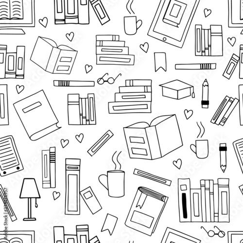 Vector seamless pattern. Doodle. Many black outlines icons of books isolated scattered on white background.  Pile of paper books, open book, book on computer screen, ebooks, glasses, heart, lamp.