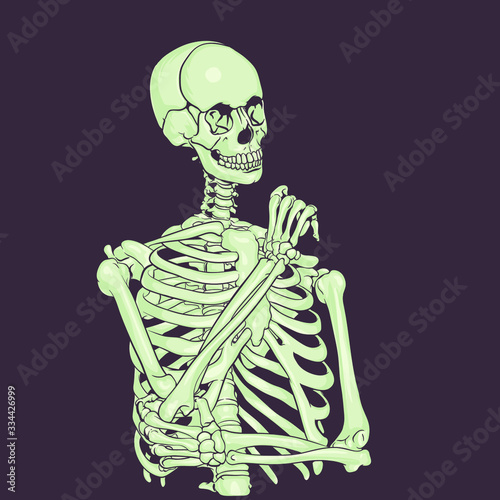 Thinking human skeleton isolated on dark background. Full color vector illustration for print or poster.