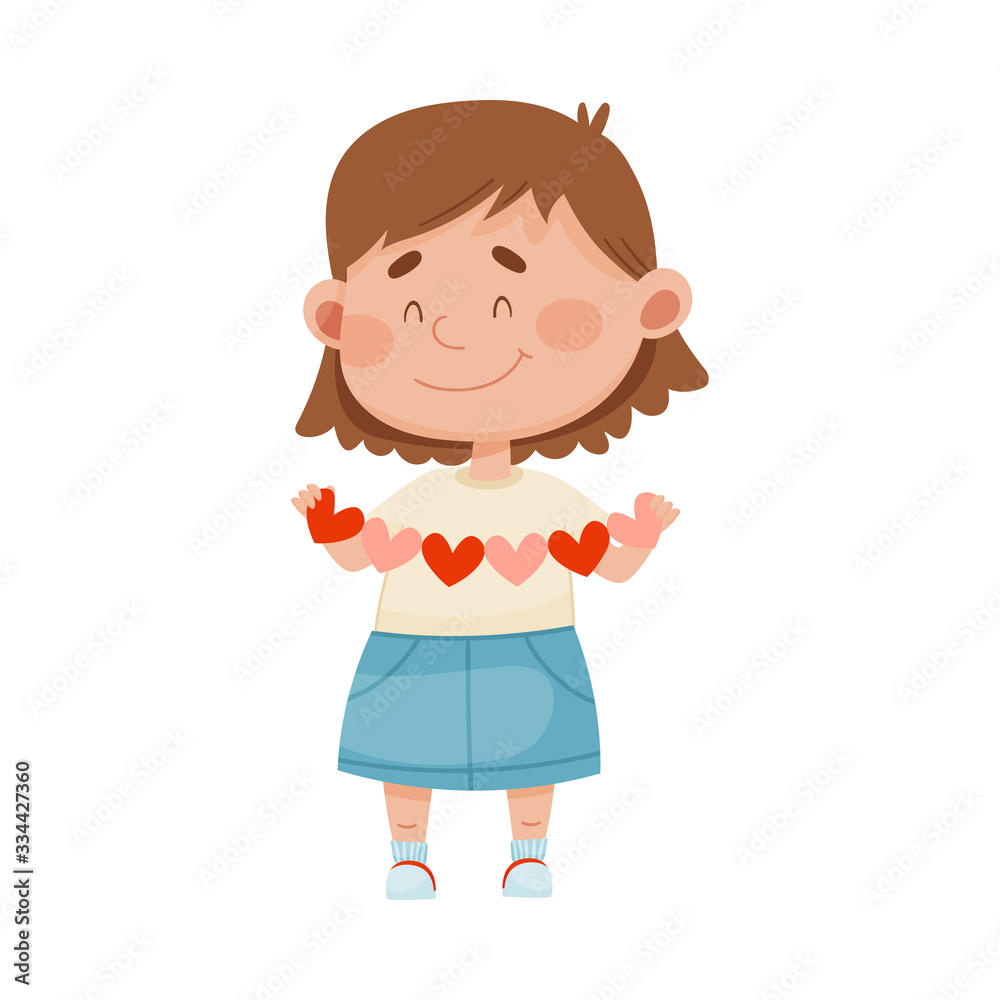 Smiling Girl Holding Made from Paper Heart Garland Vector Illustration