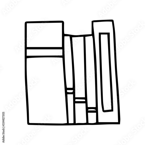 Vector icon of book, books, pile of books, paper book, e book, open book. Handdrawn black outline isolated on white background.  Doodle style.