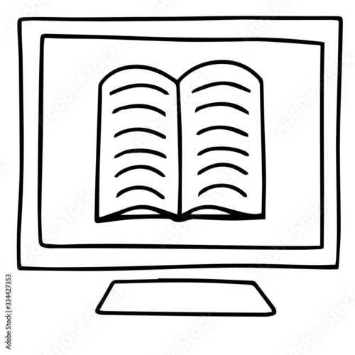 Vector icon of book, books, pile of books, paper book, e book, open book. Handdrawn black outline isolated on white background.  Doodle style.