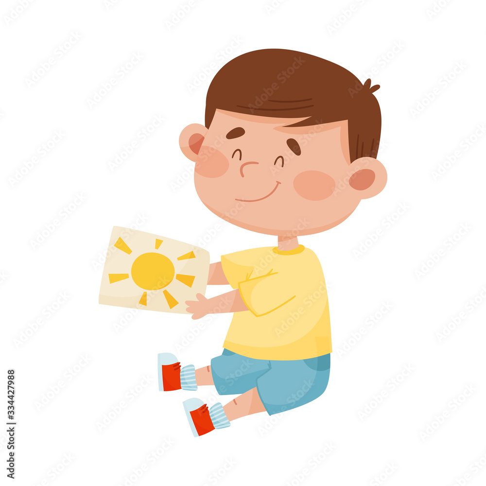 Smiling Boy Holding Cut and Paste Sun Vector Illustration Smiling Boy Holding Cut and Paste Sun Vector Illustration