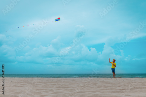 happy boy flying a kite on tropical beach
