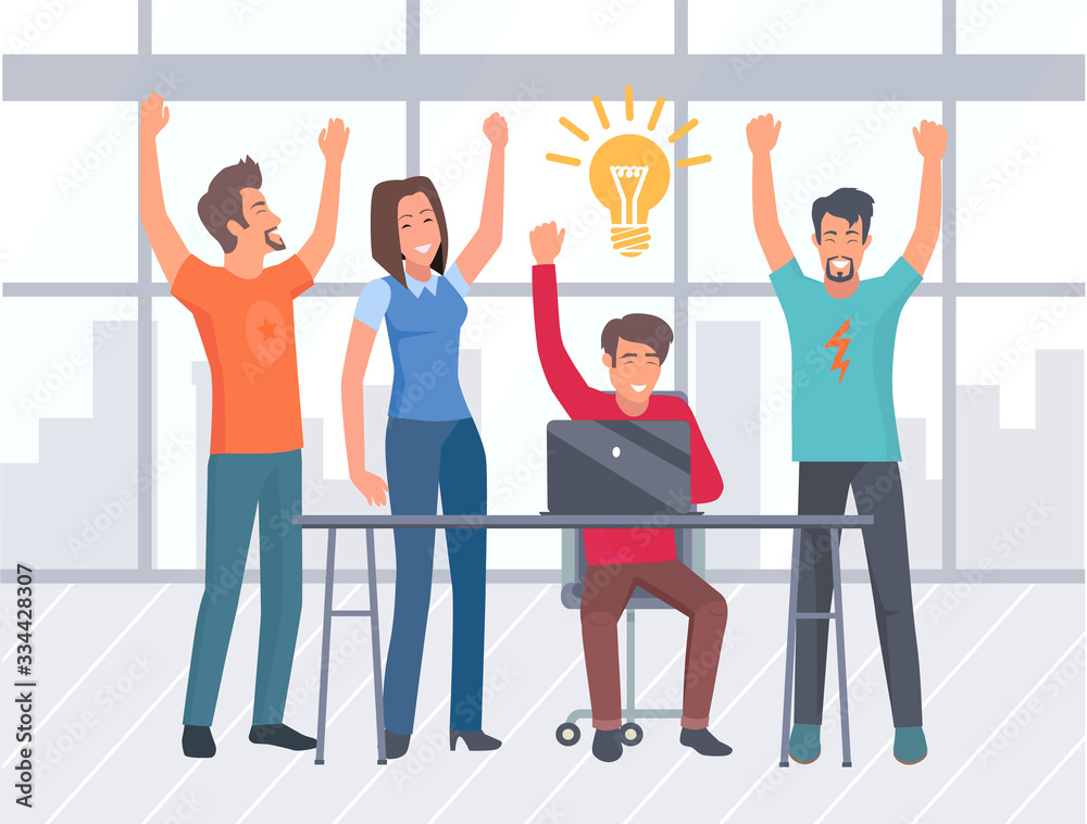 Celebration of team vector, company workers sitting by table. Businessman with bulb idea creative solution, teamwork with laptop, web development Celebration of team vector, company workers sitting by table. Businessman with bulb idea creative solution, teamwork with laptop, web development