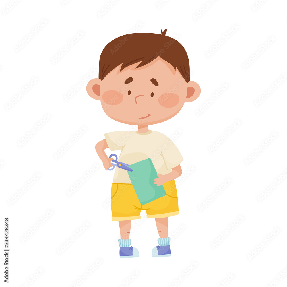 Little Boy Holding Scissors Doing Paper Craft Vector Illustration