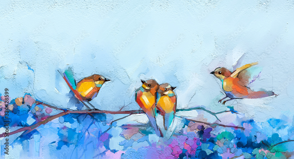 Abstract colorful oil, acrylic painting of bird and spring flower. Modern art  paintings brush stroke on canvas. Illustration oil painting, animal and  floral for background. Stock Illustration | Adobe Stock