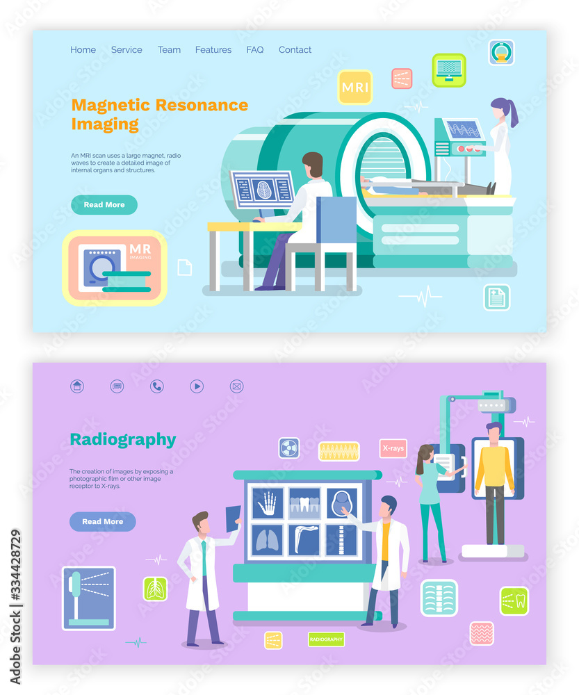 Magnetic resonance imaging vector, devices in hospital. Doctors and nurses helping patient with diagnosis. Diagnostics of diseases and sickness. Website or webpage template, landing page flat style Magnetic resonance imaging vector, devices in hospital. Doctors and nurses helping patient with diagnosis. Diagnostics of diseases and sickness. Website or webpage template, landing page flat style