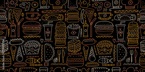 Fast food collection. Hamburger pizza sausages snacks sandwich ice cream. Food menu, seamless pattern for your design