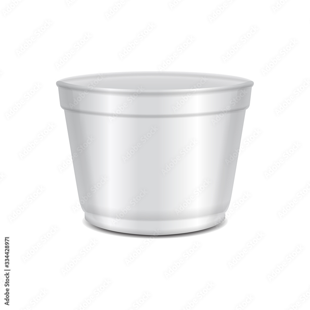 Round white plastic open container. Soup bowl or for dairy products, yogurt, cream, dessert, jam. Vector packaging mockup template Round white plastic open container. Soup bowl or for dairy products, yogurt, cream, dessert, jam. Vector packaging mockup template