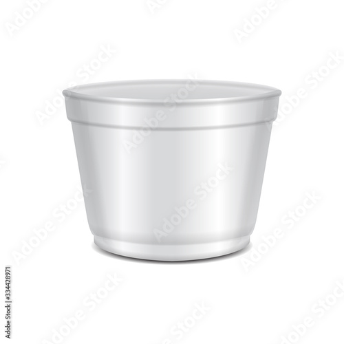 Round white plastic open container. Soup bowl or for dairy products, yogurt, cream, dessert, jam. Vector packaging mockup template