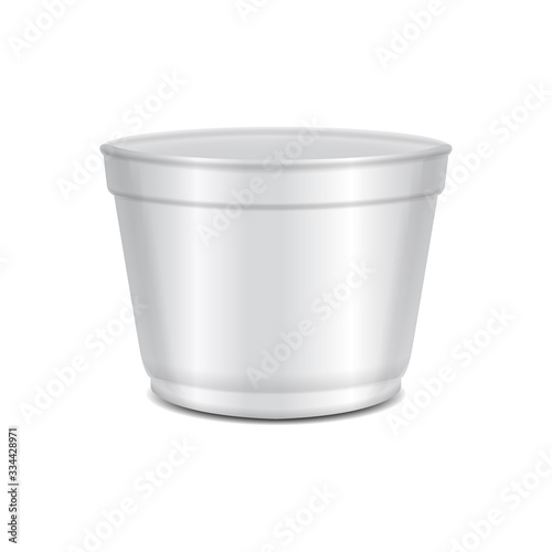 Round white plastic open container. Soup bowl or for dairy products, yogurt, cream, dessert, jam. Vector packaging mockup template