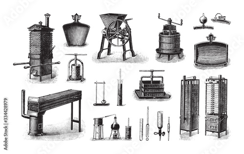 Old fruit processing machine / vintage illustration from Brockhaus Konversations-Lexikon 1908