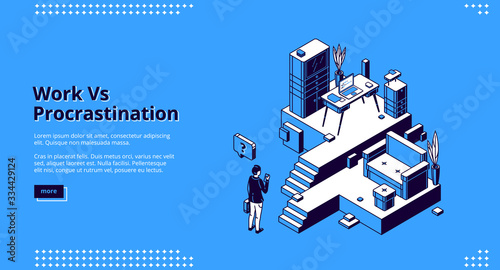 Work vs procrastination isometric landing page. Businessman choose between workplace with desk, laptop and working files or comfortable couch in living room. 3d vector concept, line art web banner