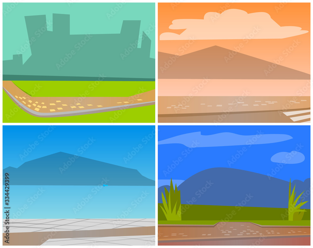 Cards with natural landscape backgrounds, urban city buildings silhouettes. Shadow of skyscrapers, asphalt sidewalk, green nature in town. Vector place for cafe or restaurant, empty space for design