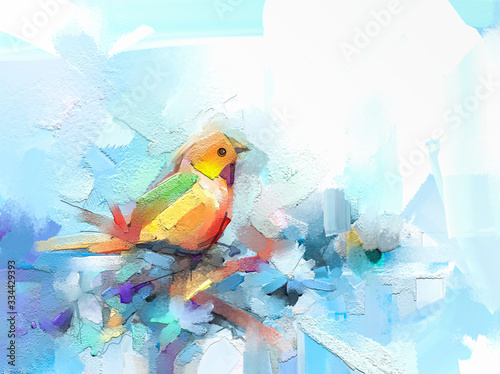 Abstract colorful oil, acrylic painting of bird and spring flower. Modern art paintings brush stroke on canvas. Illustration oil painting, animal and floral for background.