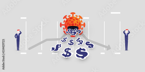 Cost of Coronavirus Pandemic, Virus Cannibalizing Profits and Savings - Impact on the Global Economy,  Businesses Stop Growing, Results Declining - Vector Concept with Chart and Businessmen photo