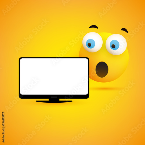 Surprised Emoticon with Pop Out Eyes and Laptop Computer on Yellow Background - Vector Design