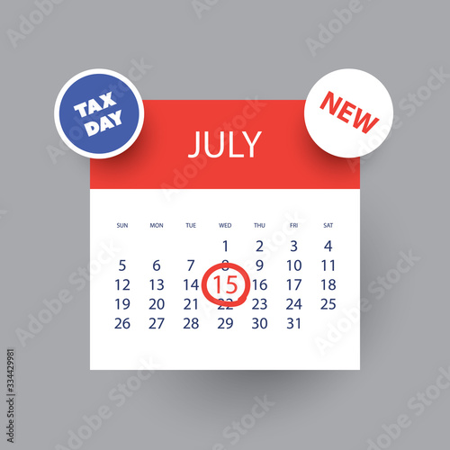 Colorful Tax Day Reminder Concept - Calendar Design Template - USA Tax Deadline, New Due Date for IRS Federal Income Tax Returns: 15 July 2020