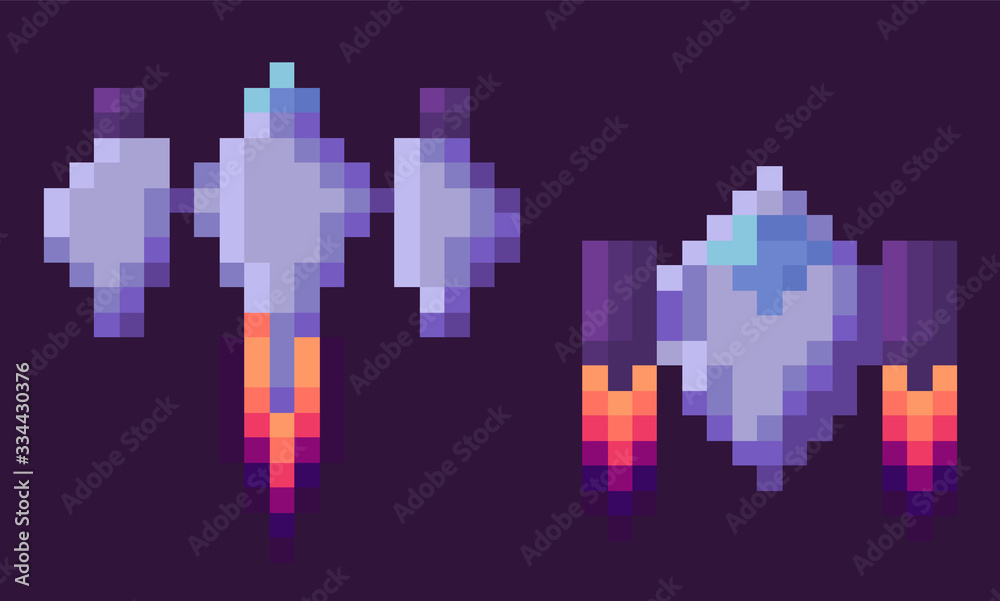 Pixel game vector, isolated set of spaceship run of fuel, outer space exploration, video gaming retro flat style. 8 Bit space ships with wings and flames, pixelated cosmic object for mobile app games
