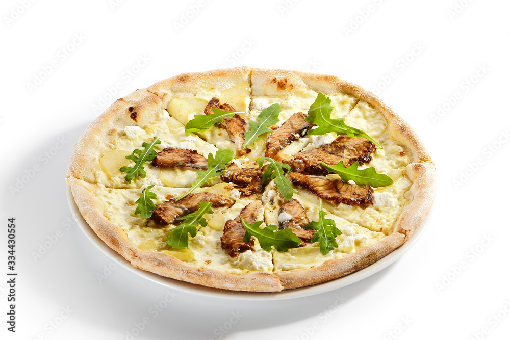 Pizza with eel, pear and cheese sauce Pizza with eel, pear and cheese sauce