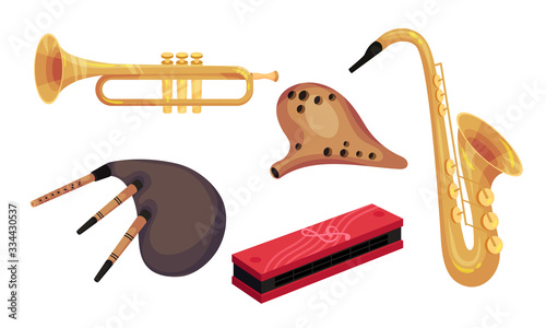 Wind Musical Instruments Isolated on White Background Vector Set