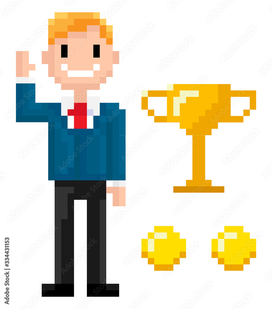 Pixel character with coins and trophy award vector, isolated man wearing business suit and tie smiling because of achievements, 8 bit graphics person Pixel character with coins and trophy award vector, isolated man wearing business suit and tie smiling because of achievements, 8 bit graphics person