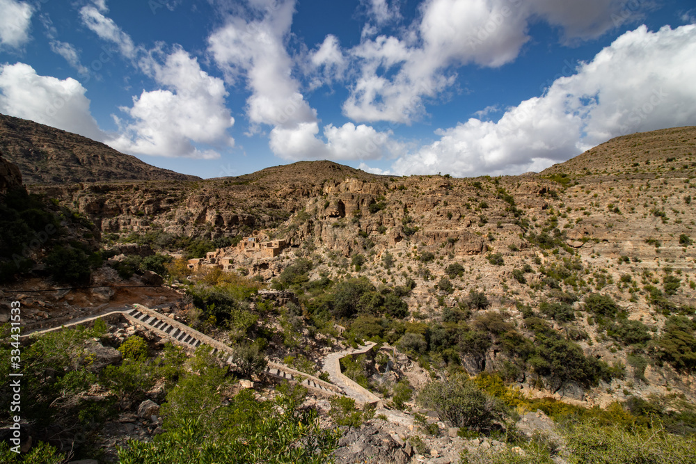 Archaeological site in Wadi Bani Habib near Nizwa in Oman beautiful valley with ruins