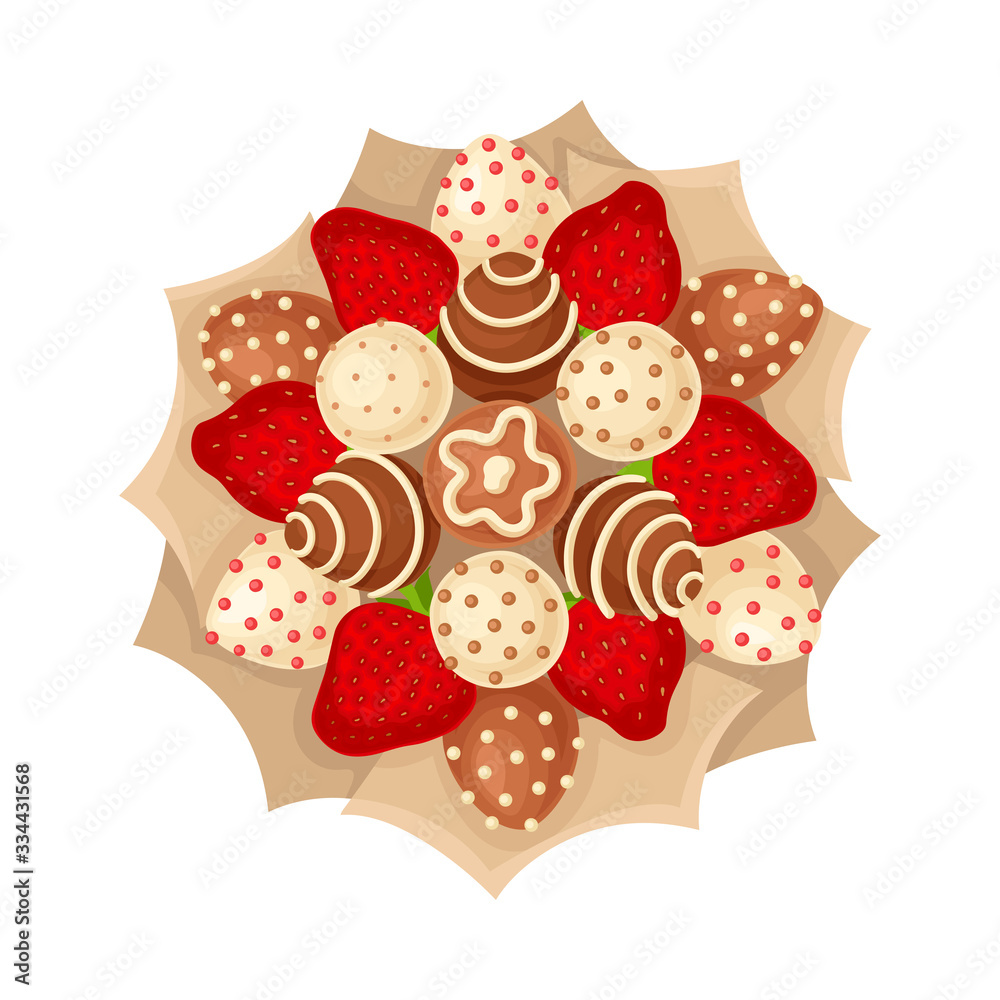Bouquet of Sweets and Strawberry Covered with Chocolate in Paper Wrap View from Above Vector Illustration Bouquet of Sweets and Strawberry Covered with Chocolate in Paper Wrap View from Above Vector Illustration