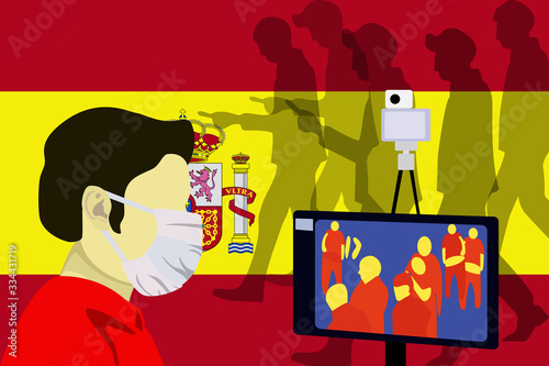 Illustration vector graphic of Health officials check people who come from China with a thermal scanner to scan the corona virus on Spain flag background. stop virus outbreak concept. vector EPS10.
