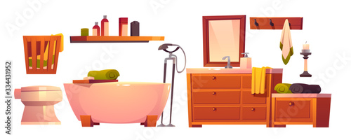 Rustic bathroom stuff in retro style set. Wooden vintage furniture, bath tub, toilet and basket for dirty linen, shelf, mirror and washbasin, clean towels and hanger isolated cartoon vector clip art