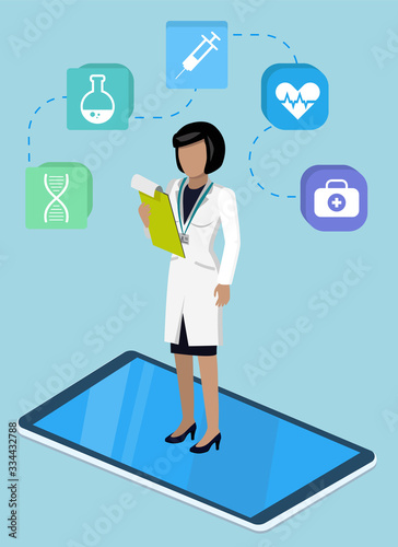 Medical program innovation technology with doctor female and treatment icon. Modern communication with medical app or laboratory online. Woman diagnosing disease in tablet wireless device vector