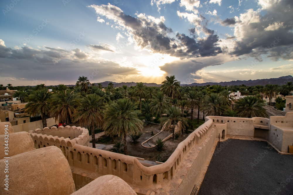 Inside the Unesco site castle of Nizwa with view of the historic town of Nizwa in Oman