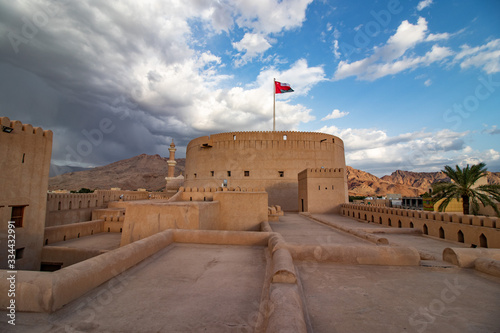 Inside the Unesco site castle of Nizwa with view of the historic town of Nizwa in Oman