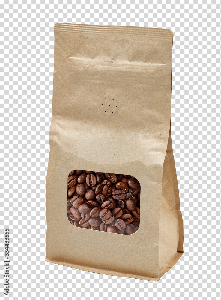 Blank brown paper bag with coffee beans in transparent window mockup or ...