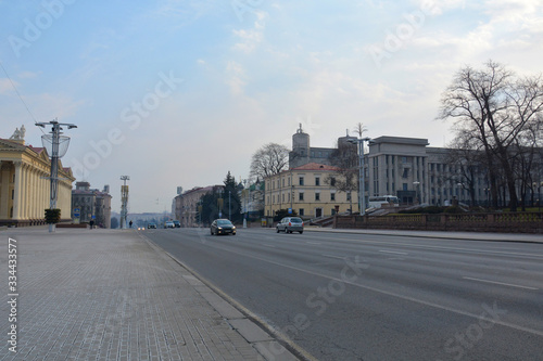 MINSK, BELARUS - March 29, 2020: Independence Avenue(Praspiekt Niezalieznasci) . This is the longest avenue in Europe