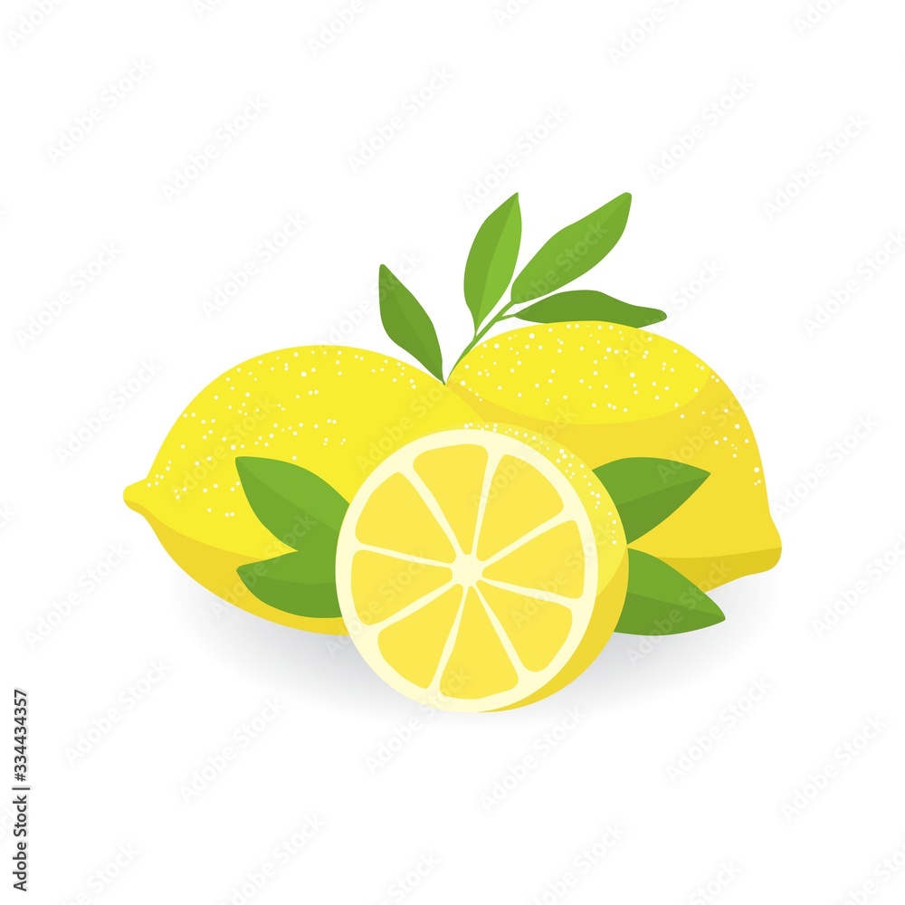 Flat vector illustration of half and two fresh whole lemons decorated with leaves. Flat vector illustration of half and two fresh whole lemons decorated with leaves.